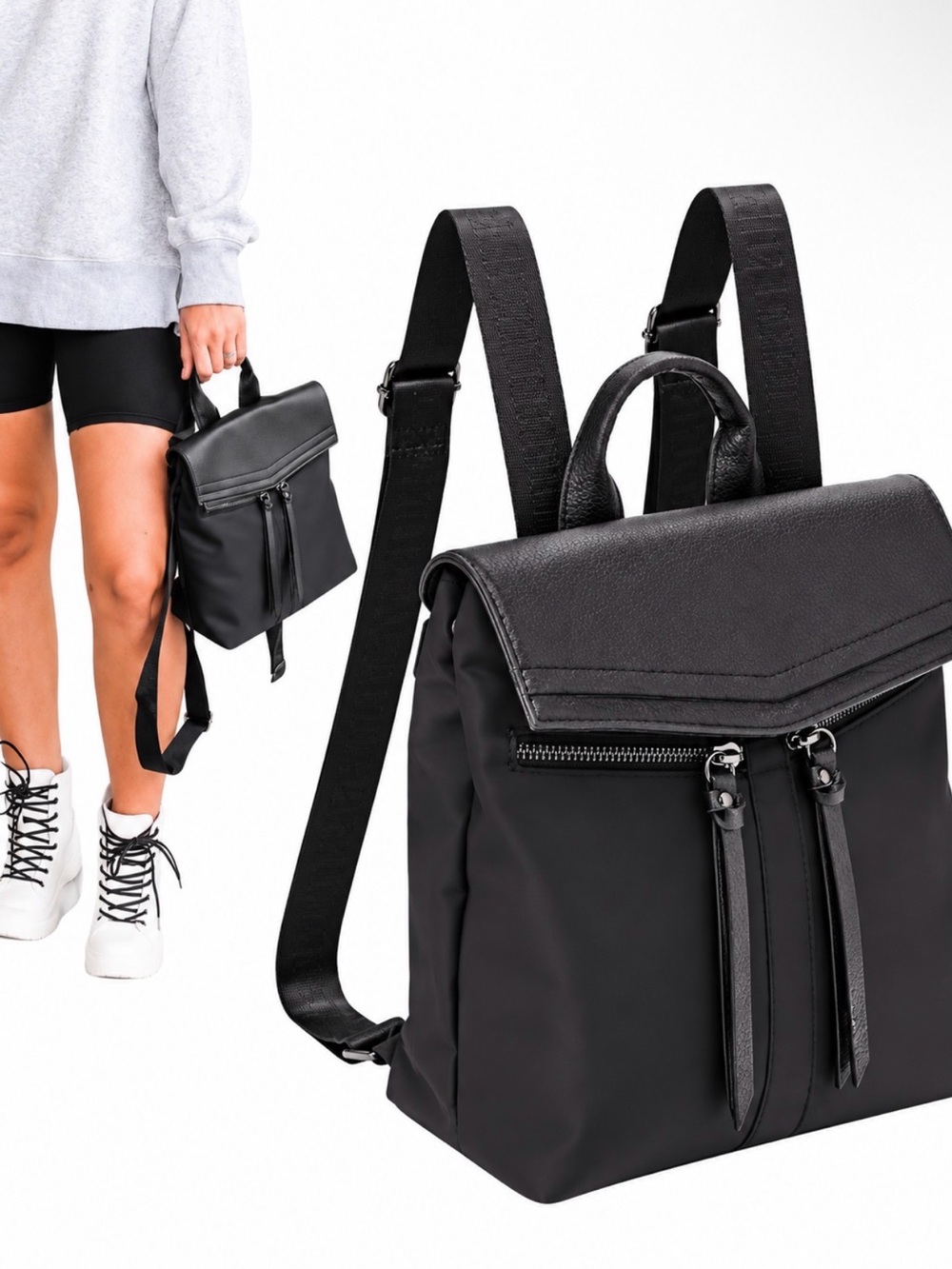 Botkier Black Compact Nylon Backpack with Leather Flap